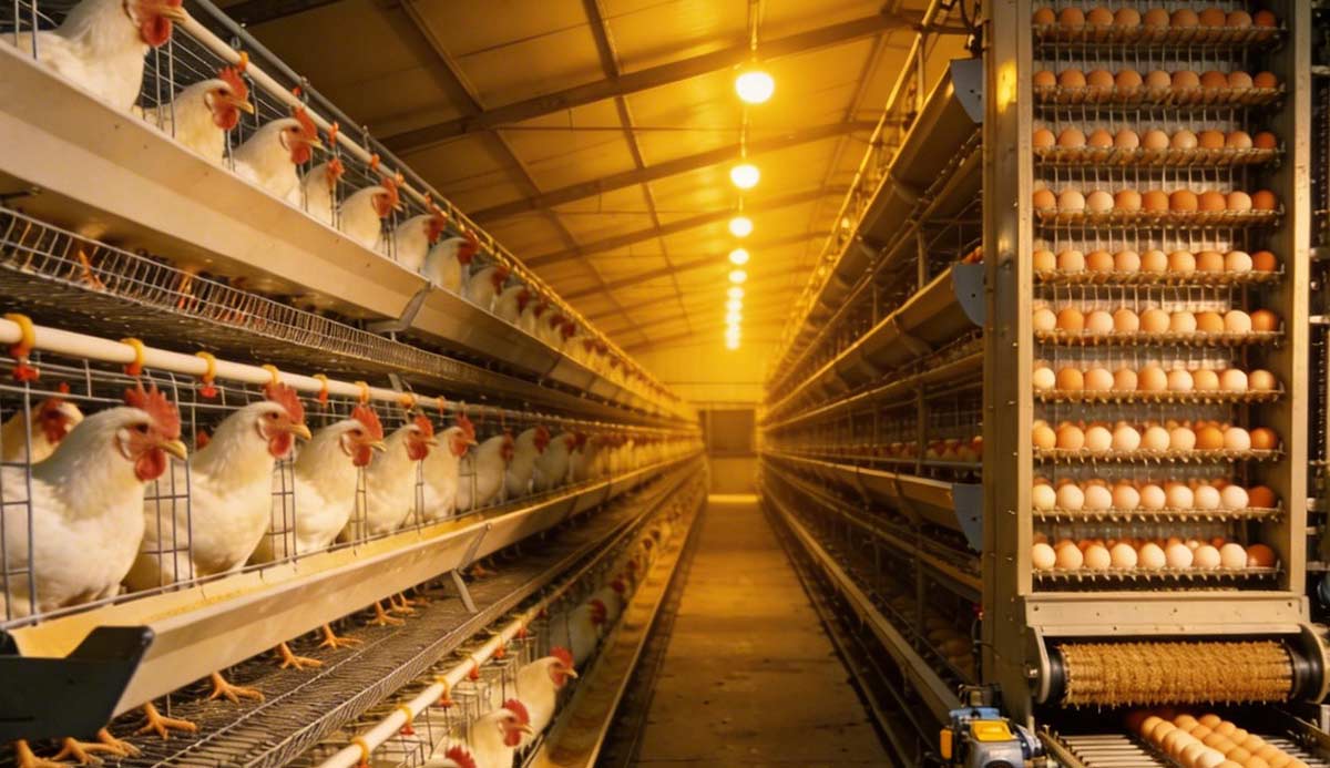 Comparison of A-Type staircase layer cage and H-Type vertical stack layer cage systems side by side in modern poultry farm.jpg